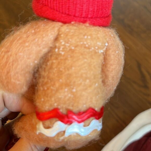 Vintage bendable smiling fuzzy gingerbread man ornament with red cap - Picture 10 of 10